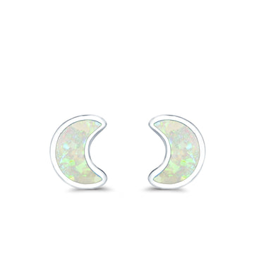 Moon Stud Earrings Lab Created White Opal 925 Sterling Silver (14mm)